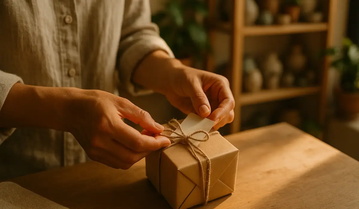 Close-up of hands wrapping a small gratitude gift in a sunlit boutique, warm textures and natural ribbon, conveying intentional gift giving. boutique, wrapping, gratitude