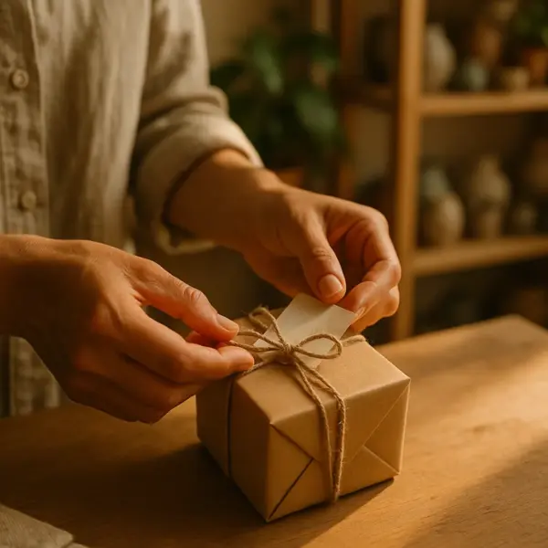 Close-up of hands wrapping a small gratitude gift in a sunlit boutique, warm textures and natural ribbon, conveying intentional gift giving. boutique, wrapping, gratitude