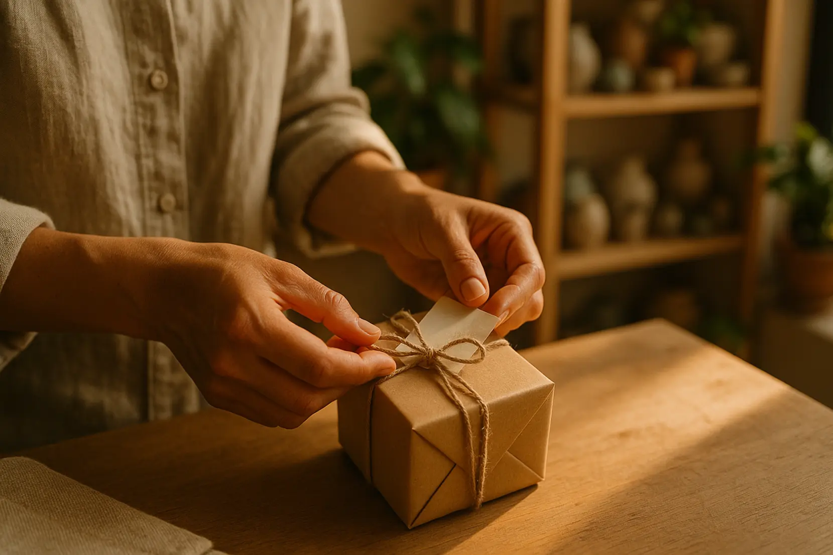 Close-up of hands wrapping a small gratitude gift in a sunlit boutique, warm textures and natural ribbon, conveying intentional gift giving. boutique, wrapping, gratitude