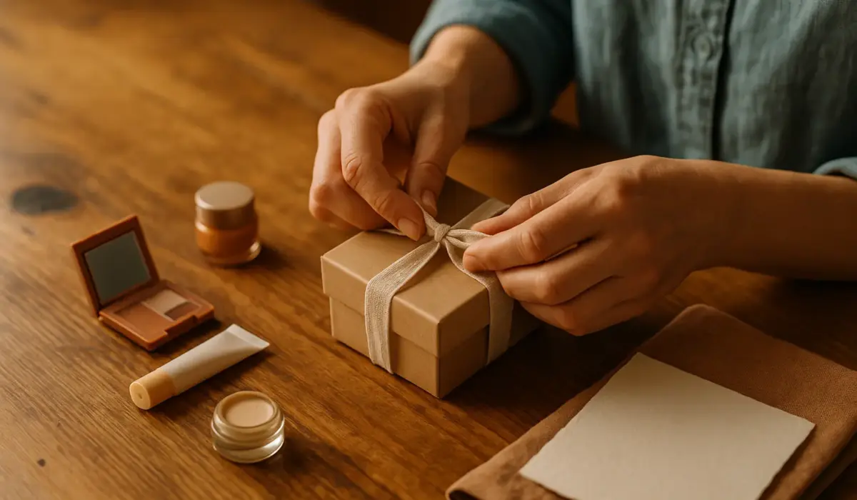 Adult hands tie a satin ribbon on a small beauty gift box on a wooden table in warm morning light, evoking care and personalization. coffret-beaute, cadeau-ado, wrapping