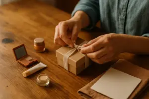 Adult hands tie a satin ribbon on a small beauty gift box on a wooden table in warm morning light, evoking care and personalization. coffret-beaute, cadeau-ado, wrapping