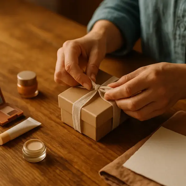 Adult hands tie a satin ribbon on a small beauty gift box on a wooden table in warm morning light, evoking care and personalization. coffret-beaute, cadeau-ado, wrapping