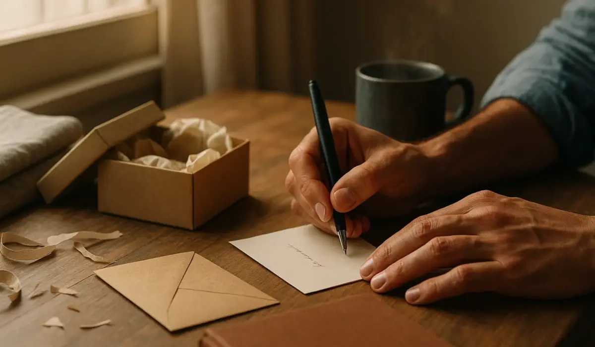 Close-up of hands writing a personal note beside a small gift box on a sunlit wooden desk with warm textures and a steaming mug. box femme, box personnalisee, idee cadeau