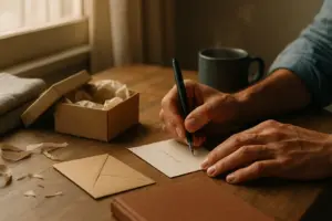 Close-up of hands writing a personal note beside a small gift box on a sunlit wooden desk with warm textures and a steaming mug. box femme, box personnalisee, idee cadeau