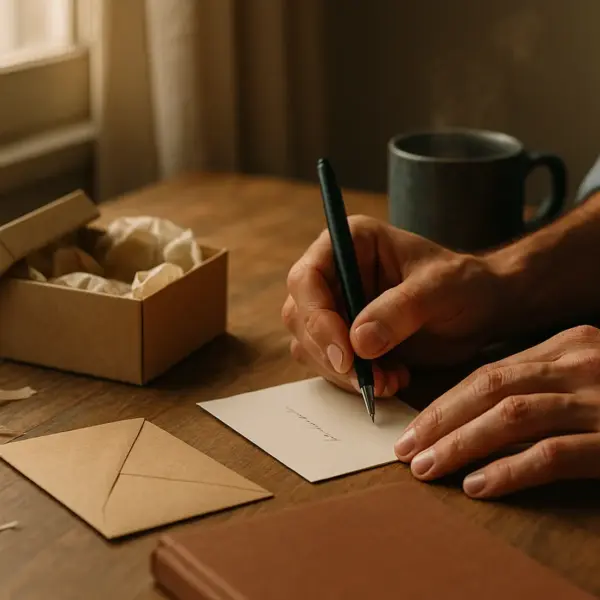 Close-up of hands writing a personal note beside a small gift box on a sunlit wooden desk with warm textures and a steaming mug. box femme, box personnalisee, idee cadeau