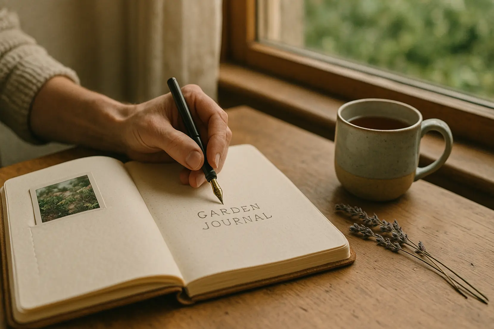 Cozy window-side medium shot of hands writing in a personalized garden journal with tea and dried lavender nearby, warm morning light. keywords: carnet jardin, journal pousse, cadeau personnalise