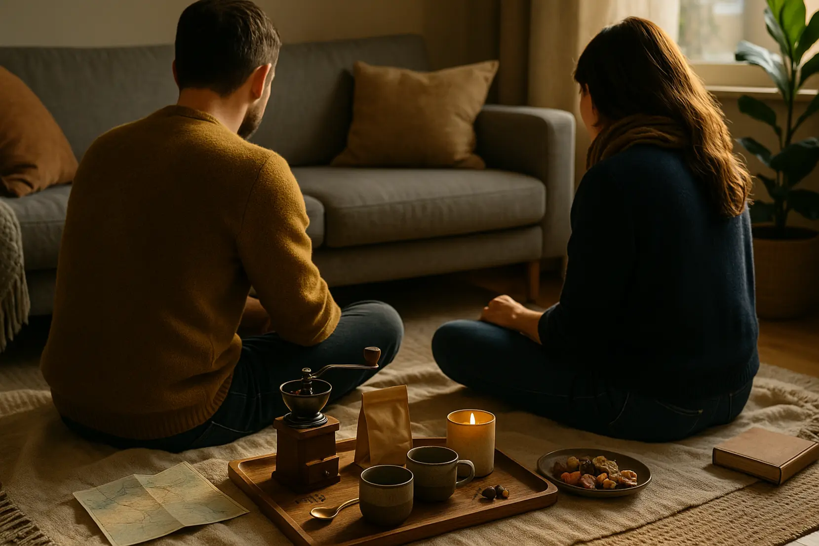 Wide indoor picnic scene with two adults seated with backs to camera, coffee grinder, small bites and candles for a travel mood. voyage cafe picnic