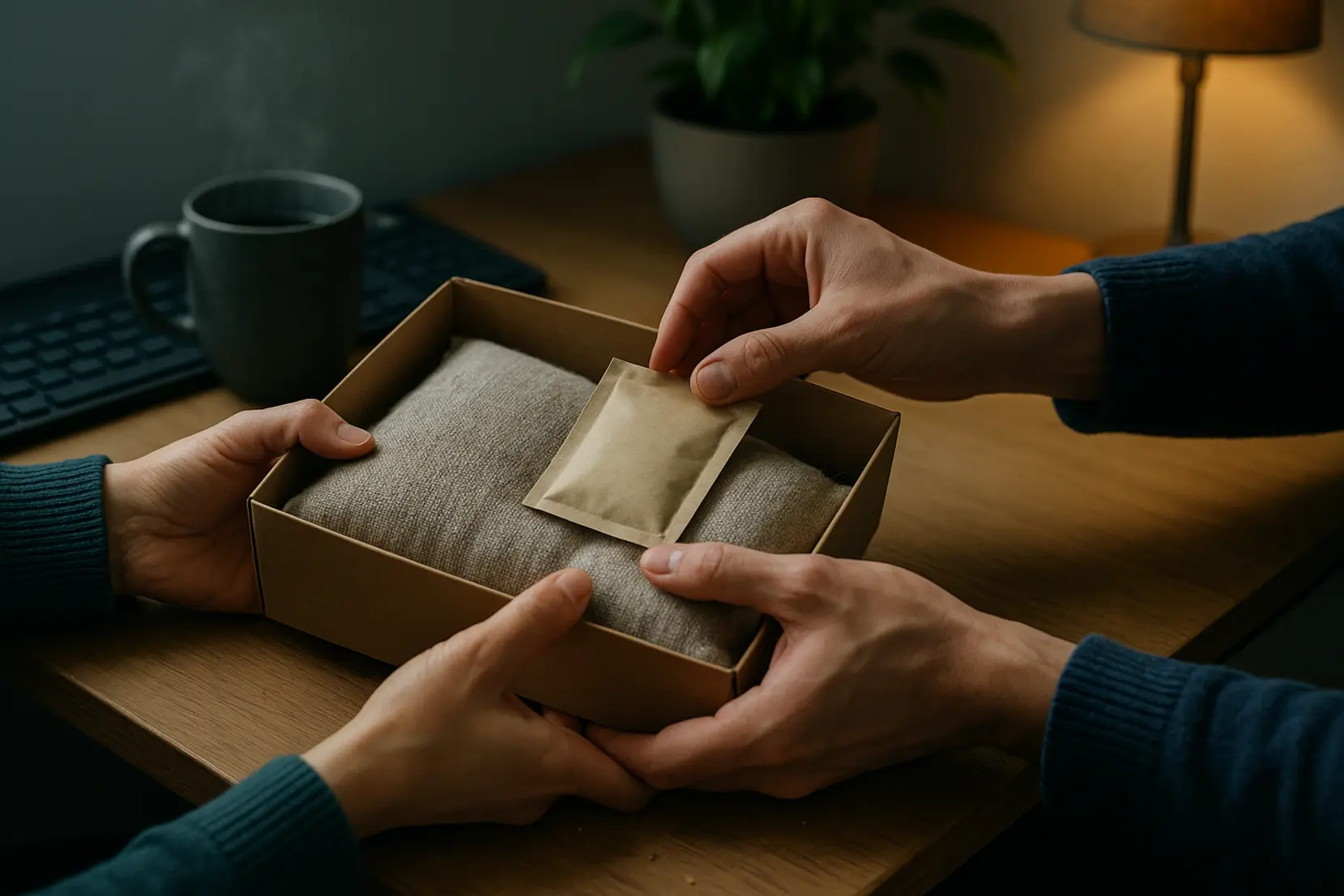 Two adult hands exchanging a small afterwork care box with a heat pack and calming tea in an office nook, tender supportive moment. colleague decompression bouillotte infusion