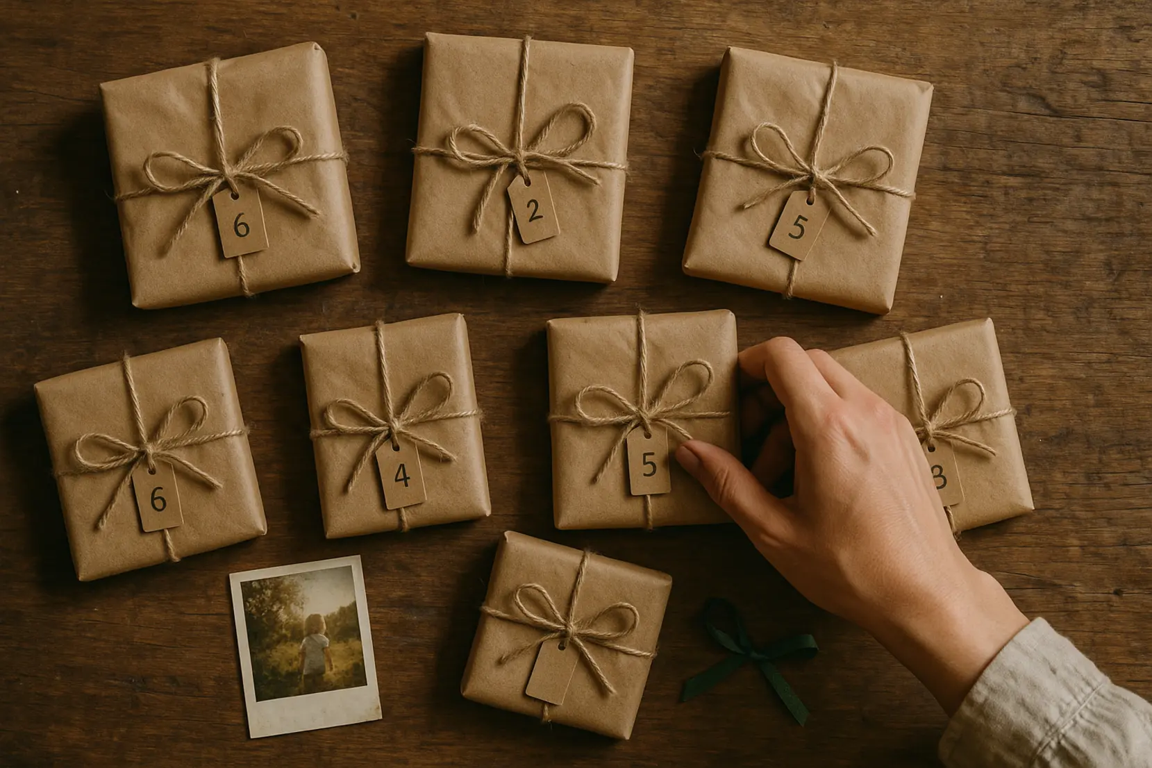 Vue plongeante de sept petits paquets numerotes disposes sur une table rustique, note intime et rubans. boite-7-soirs, cadeaux, paquets