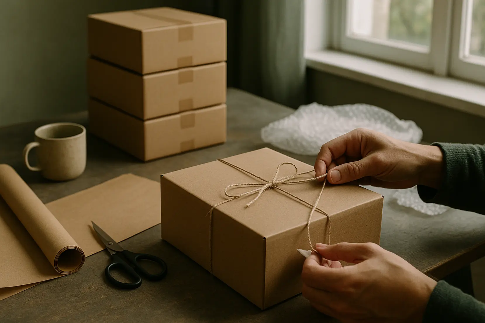 Small studio workspace showing hands packing and sealing a birthday box with kraft twine and tissue, ready to ship. emballage expedition preparation