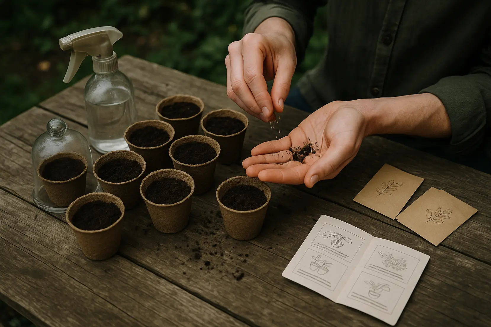 Top-down view of a seed starting kit with hands sowing seeds into biodegradable pots on a rustic wooden table, soft daylight. keywords: kit semis, graines, mini-serre
