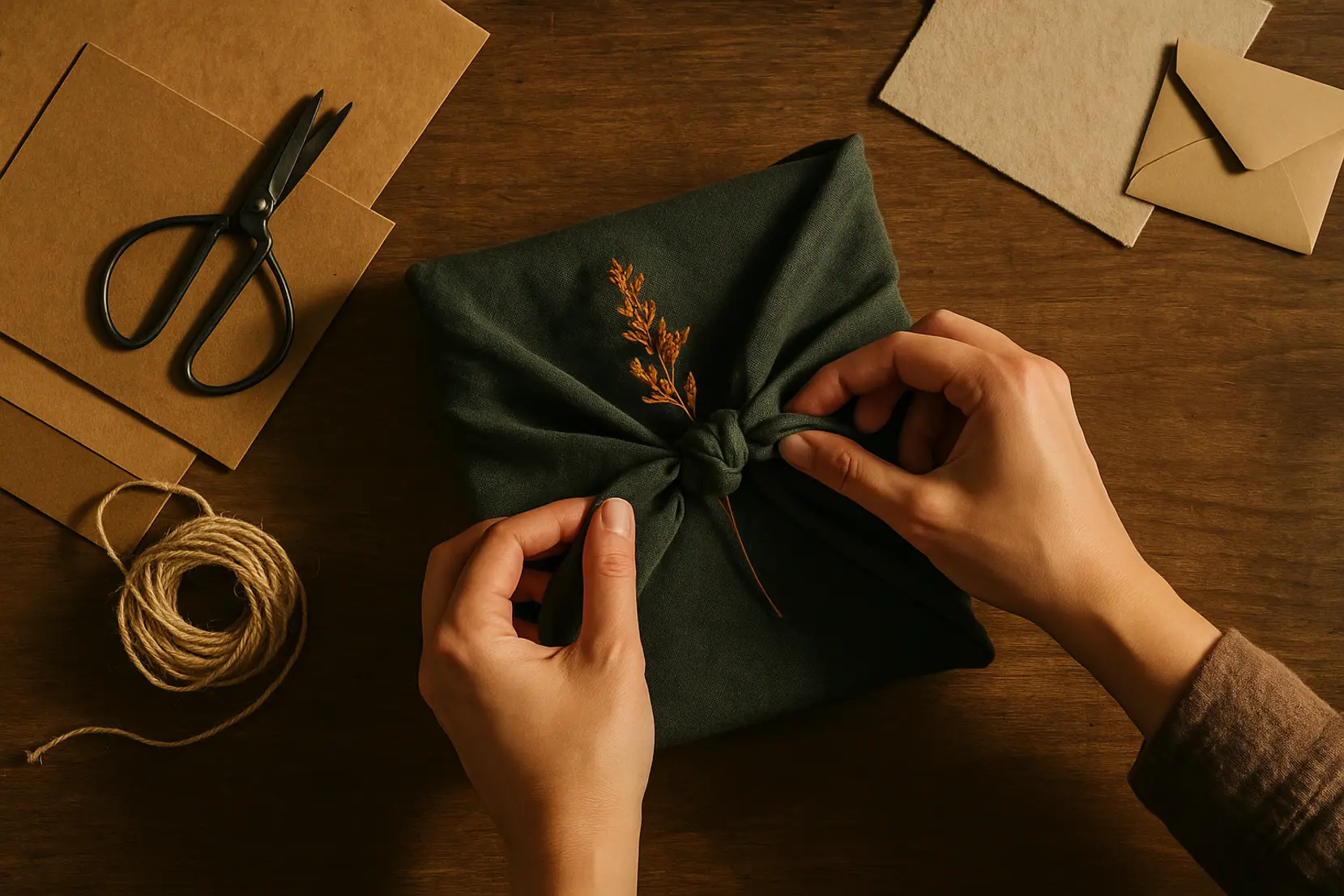 Top-down view of hands wrapping a kraft box with a furoshiki linen cloth and dried sprig, artisanal and warm packaging scene. emballage furoshiki kraft