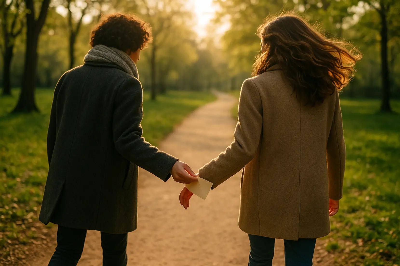 Two friends walk a sunlit park path as one offers a small envelope, a quiet gesture of time and attention that suggests shared moments. walk, gift, connection