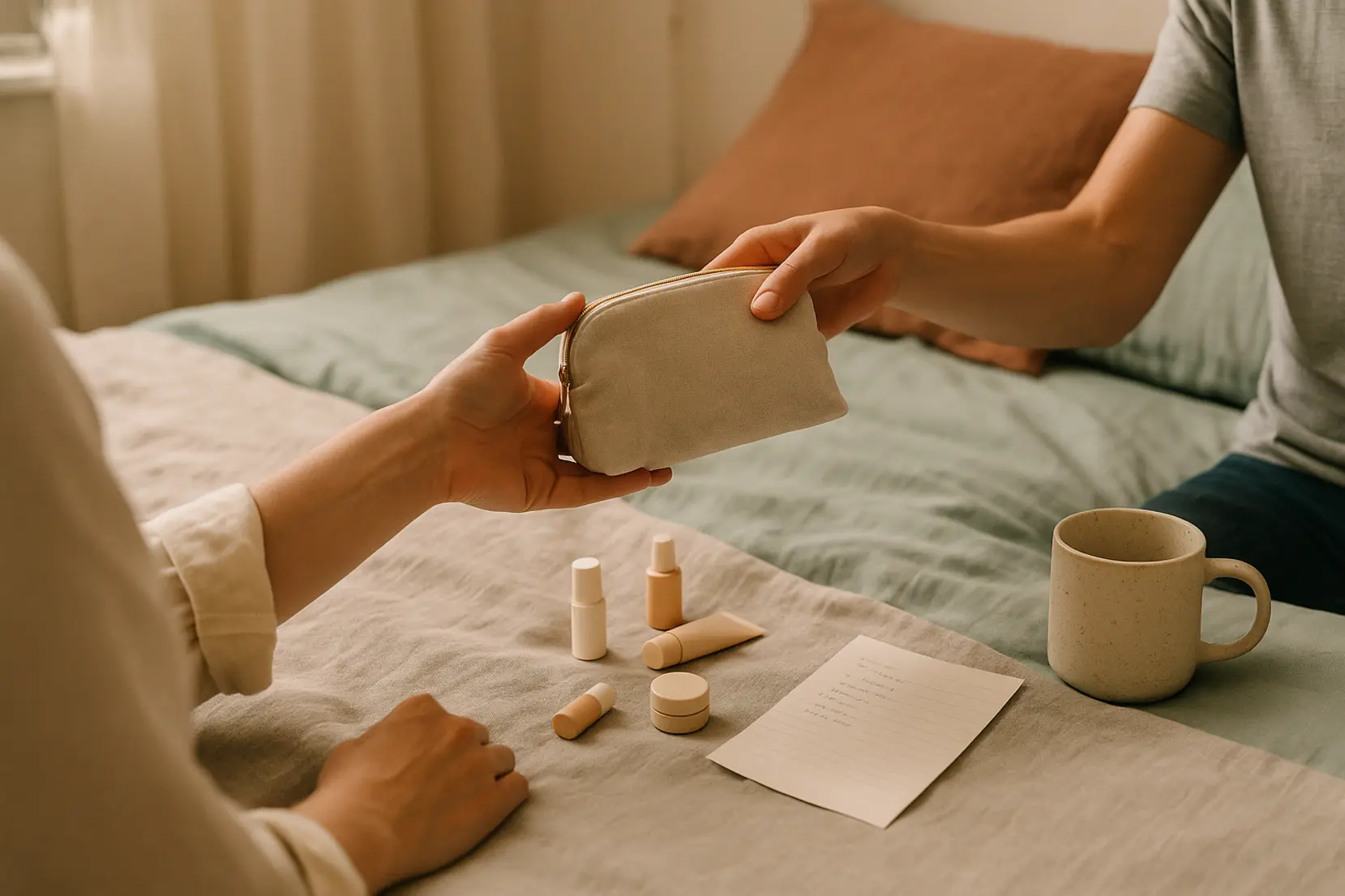 Two adult hands exchange a small beauty pouch on a pastel bedroom bed scattered with mini cosmetics, capturing an intimate gifting moment. cadeau-beaute, bedroom-scene, friends