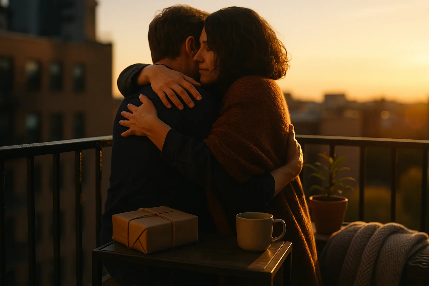 Deux adultes de dos se serrent dans les bras sur un balcon au coucher du soleil, petit cadeau pose proche sur la table. retrouvailles, cadeau, balcon