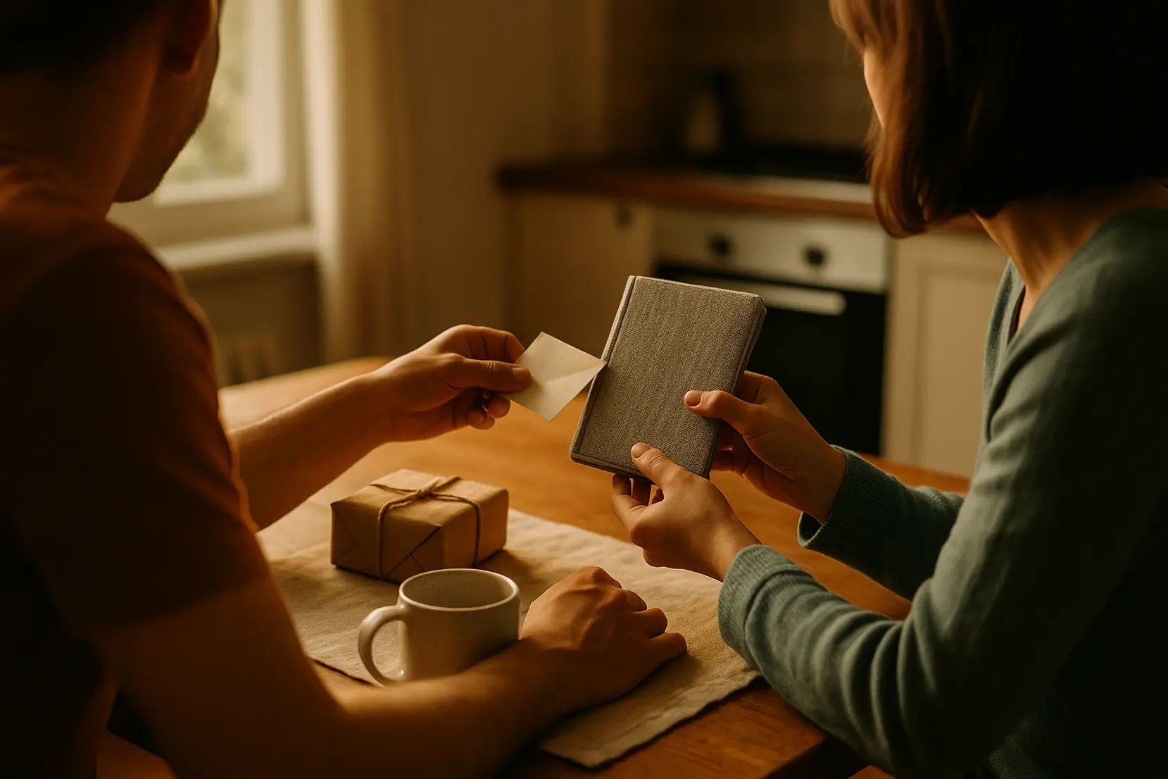 Two adults exchange a small gratitude notebook at a sunlit kitchen table, hands mid-transfer and a wrapped box nearby evoking ritual and care. friend, ritual, notebook