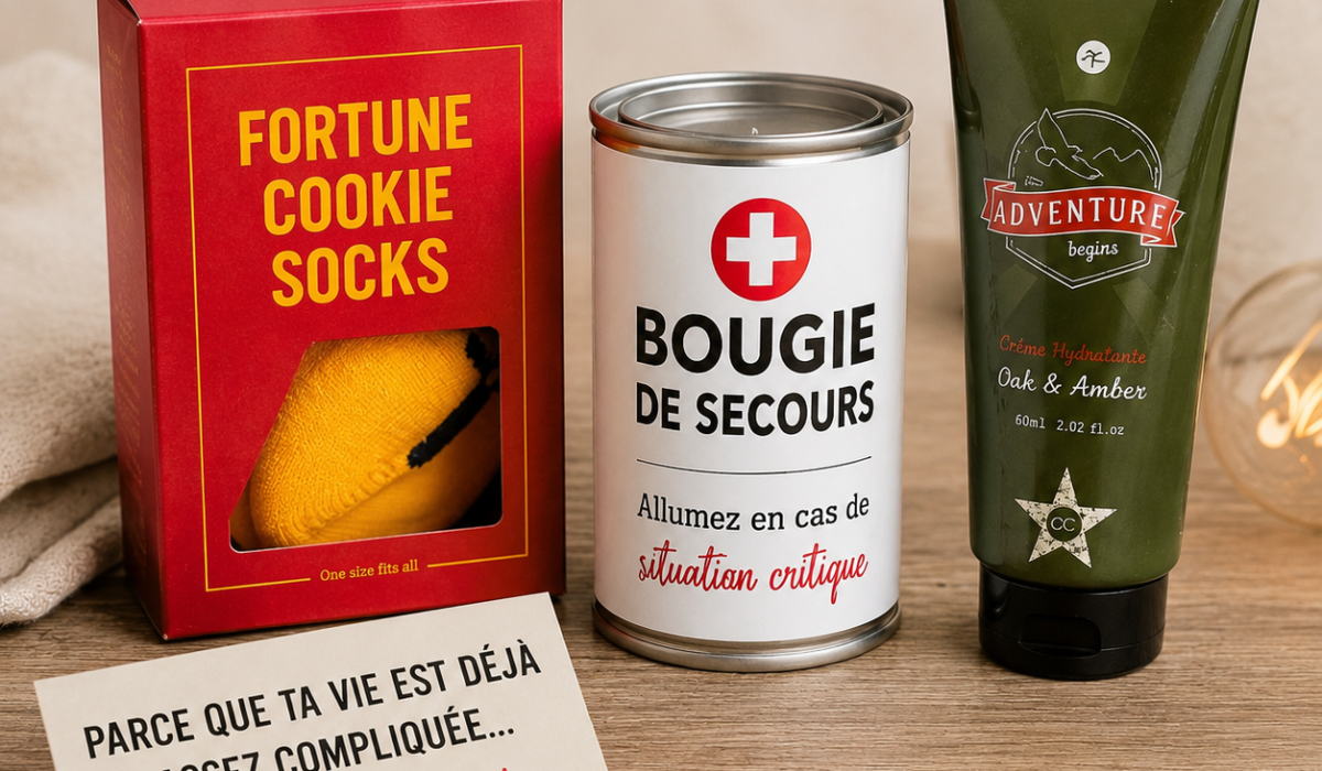 Mise en scène de produits d’un kit de survie humoristique avec chaussettes fortune cookie, bougie de secours, crème et carte drôle sur fond bois.