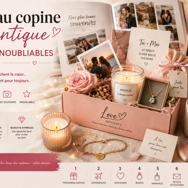 Coffret cadeau romantique pour sa copine avec bougie, rose, bijou, photos souvenirs et carte personnalisée