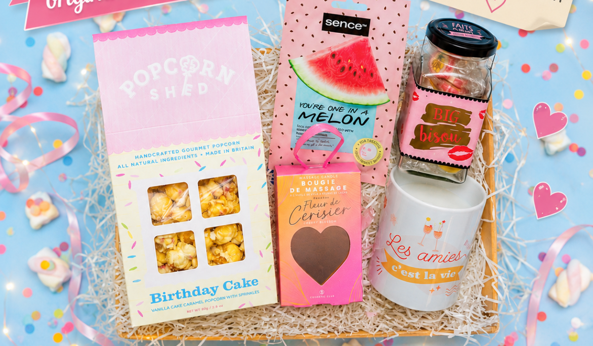Coffret cadeau anniversaire original dernière minute avec popcorn, bougie de massage, masque visage et mug personnalisé