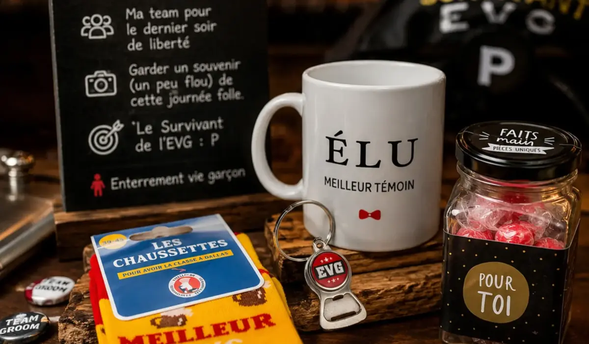 Un mug personnalisé pour le meilleur témoin et des accessoires de fête disposés dans une ambiance de bar chaleureuse pour un enterrement de vie de garçon.