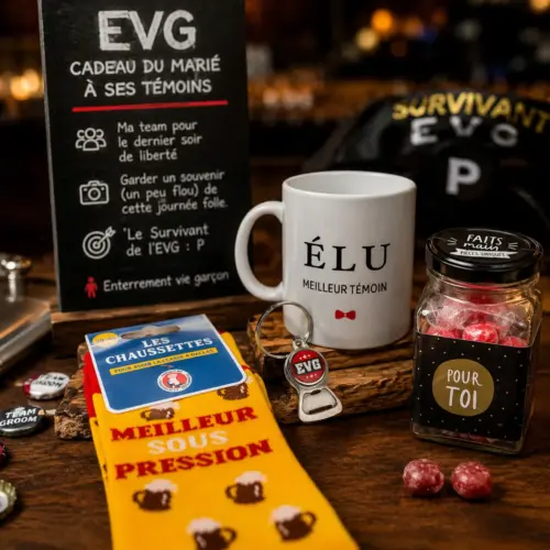 Un mug personnalisé pour le meilleur témoin et des accessoires de fête disposés dans une ambiance de bar chaleureuse pour un enterrement de vie de garçon.