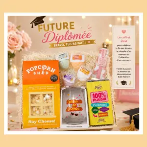 Coffret cadeau diplôme "Future Diplômée" avec popcorn Say Cheese, bombes cocktail, verre Pétillante de Bonheur, crème mains et chocolat 100% Plaisir