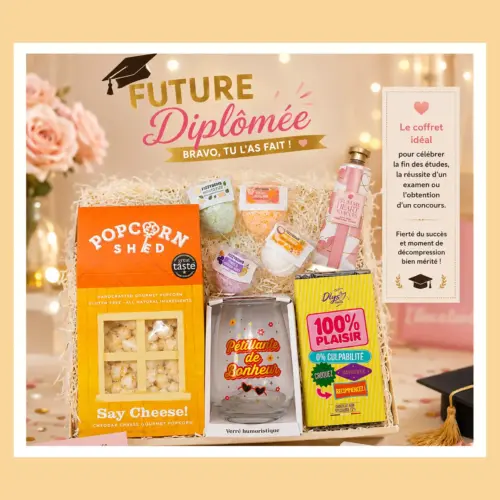 Coffret cadeau diplôme "Future Diplômée" avec popcorn Say Cheese, bombes cocktail, verre Pétillante de Bonheur, crème mains et chocolat 100% Plaisir