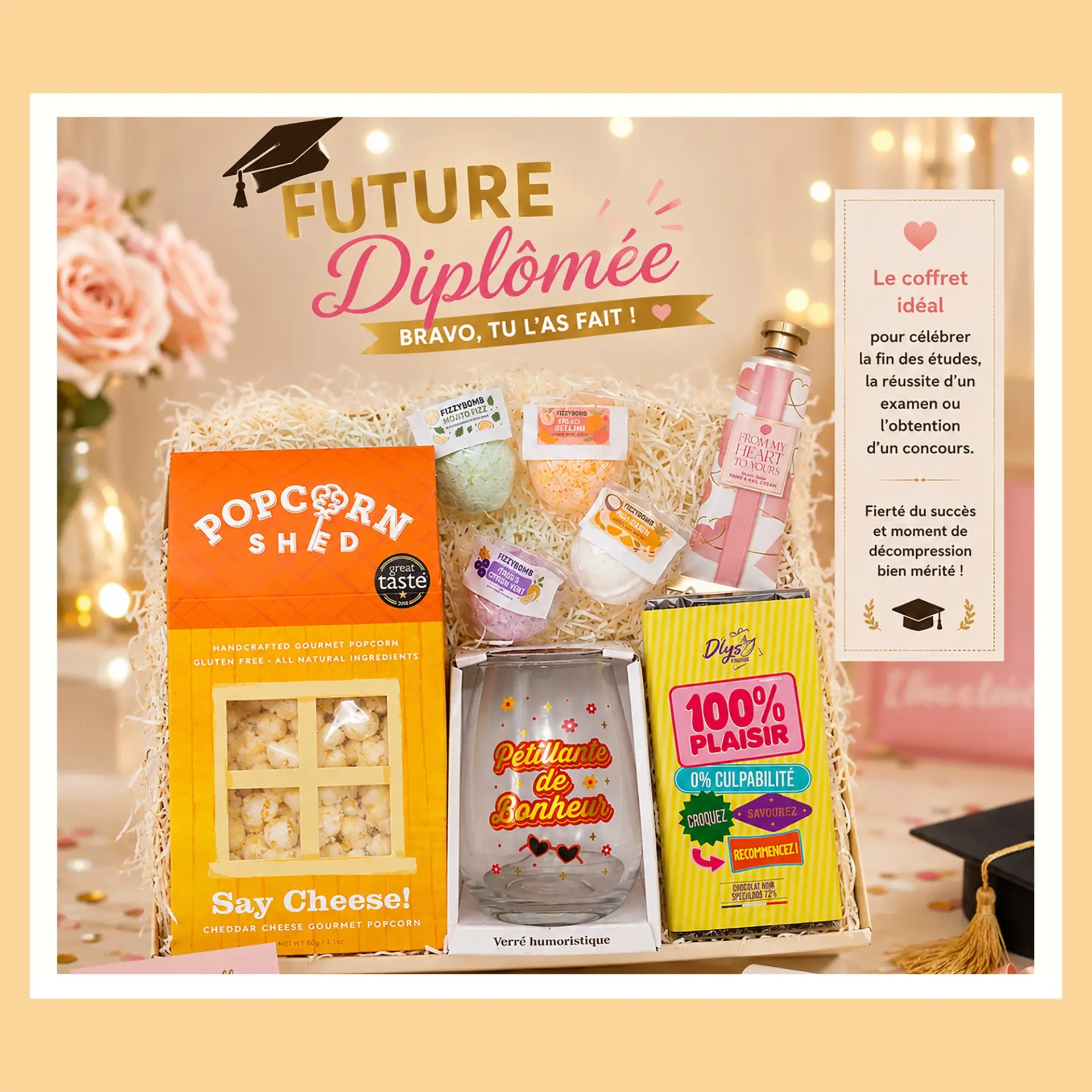 Coffret cadeau diplôme "Future Diplômée" avec popcorn Say Cheese, bombes cocktail, verre Pétillante de Bonheur, crème mains et chocolat 100% Plaisir