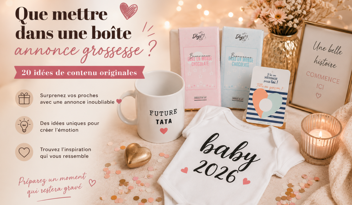 Boite annonce grossesse avec body bébé 2026, mug future tata, chocolat et carte à gratter.