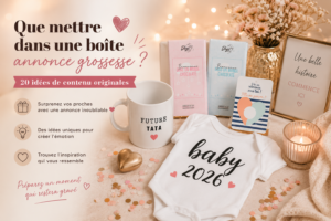 Boite annonce grossesse avec body bébé 2026, mug future tata, chocolat et carte à gratter.
