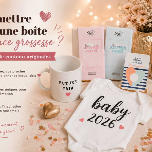 Boite annonce grossesse avec body bébé 2026, mug future tata, chocolat et carte à gratter.