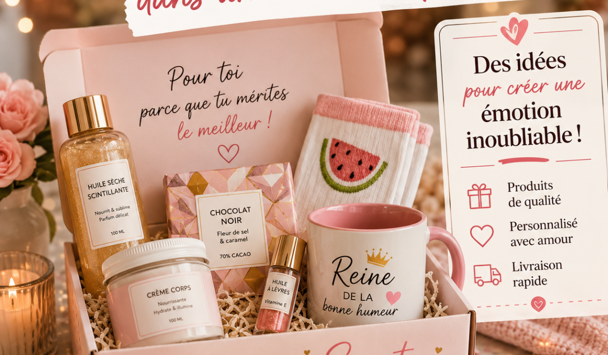 boite surprise pour femmeavec produits de beauté, gourmandises, chaussettes fantaisie, mug personnalisé et carte cadeau dans une boîte rose élégante.
