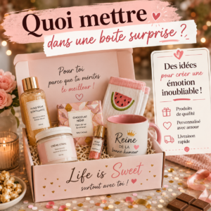 boite surprise pour femmeavec produits de beauté, gourmandises, chaussettes fantaisie, mug personnalisé et carte cadeau dans une boîte rose élégante.