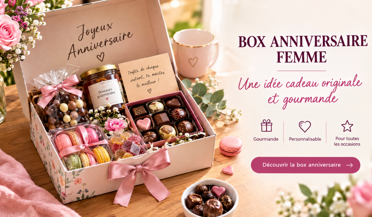 Box anniversaire femme avec chocolats, confiseries et message personnalisé
