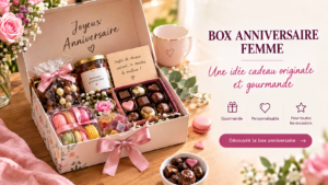 Box anniversaire femme avec chocolats, confiseries et message personnalisé