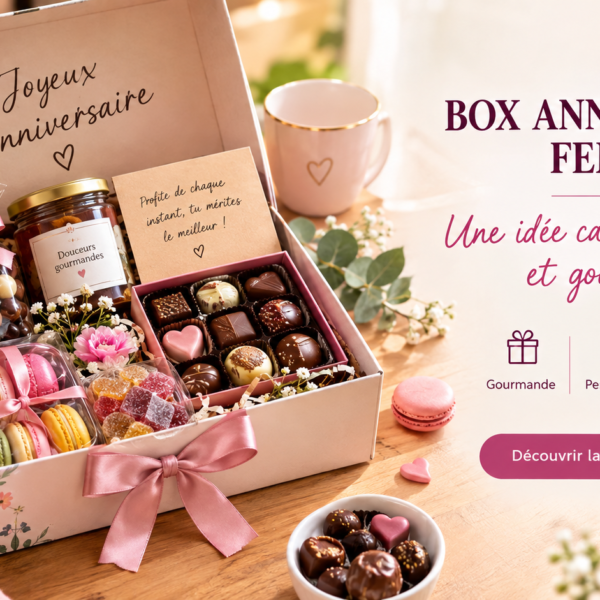 Box anniversaire femme avec chocolats, confiseries et message personnalisé