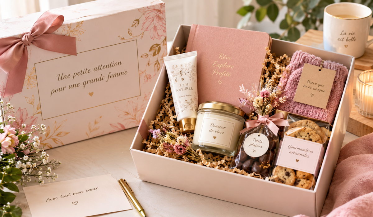 Box personnalisée femme avec soins, gourmandises et petites attentions