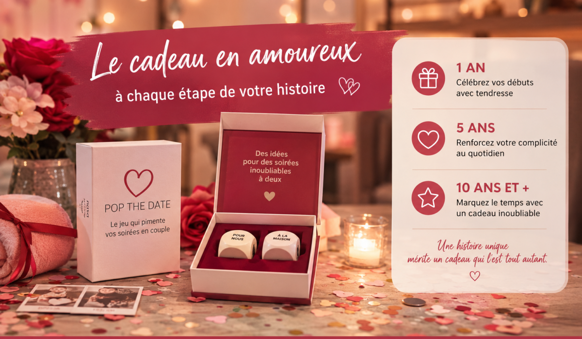 Cadeau en amoureux présenté dans une ambiance romantique et chaleureuse avec décoration élégante, confettis et mise en scène lifestyle pour célébrer 1 an, 5 ans ou 10 ans de couple.
