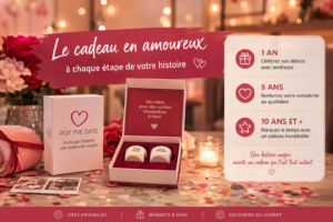 Cadeau en amoureux présenté dans une ambiance romantique et chaleureuse avec décoration élégante, confettis et mise en scène lifestyle pour célébrer 1 an, 5 ans ou 10 ans de couple.