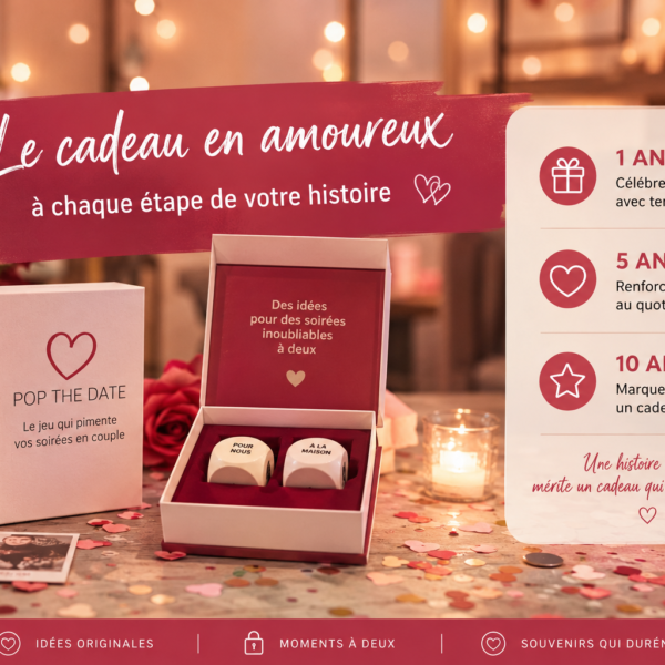 Cadeau en amoureux présenté dans une ambiance romantique et chaleureuse avec décoration élégante, confettis et mise en scène lifestyle pour célébrer 1 an, 5 ans ou 10 ans de couple.