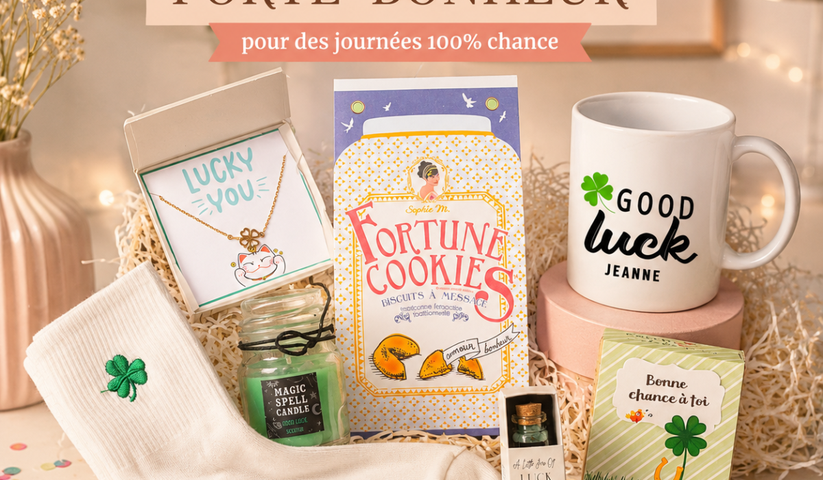 Coffret porte bonheur à offrir avec collier trèfle, bougie magic spell, fortune cookies, chaussettes et mug good luck personnalisé