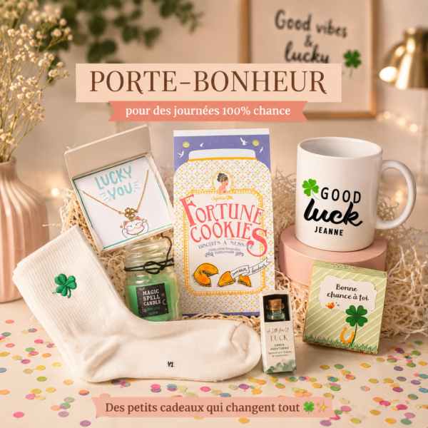 Coffret porte bonheur à offrir avec collier trèfle, bougie magic spell, fortune cookies, chaussettes et mug good luck personnalisé