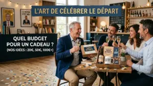 Mise en scène chaleureuse d'un pot de départ avec un coffret idée cadeau retraite homme sur une table en bois et des confettis au sol.