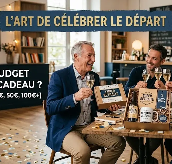 Mise en scène chaleureuse d'un pot de départ avec un coffret idée cadeau retraite homme sur une table en bois et des confettis au sol.