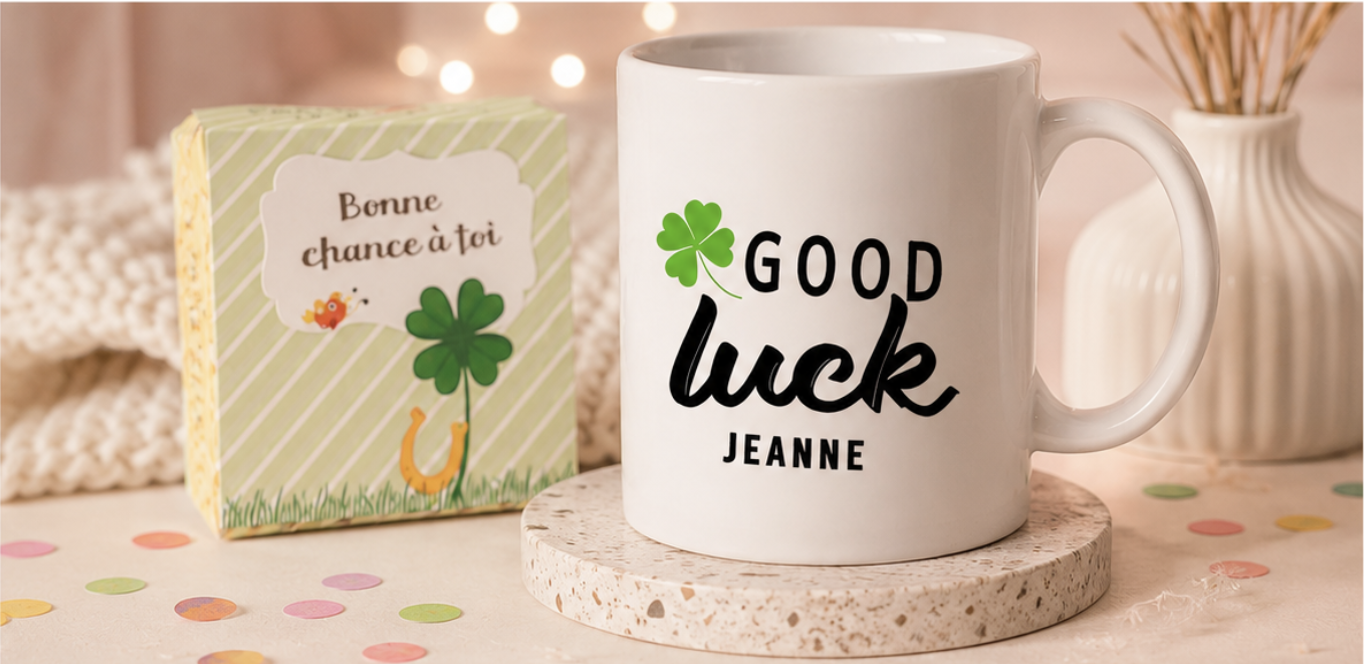 Mug personnalisé Good Luck cadeau porte bonheur