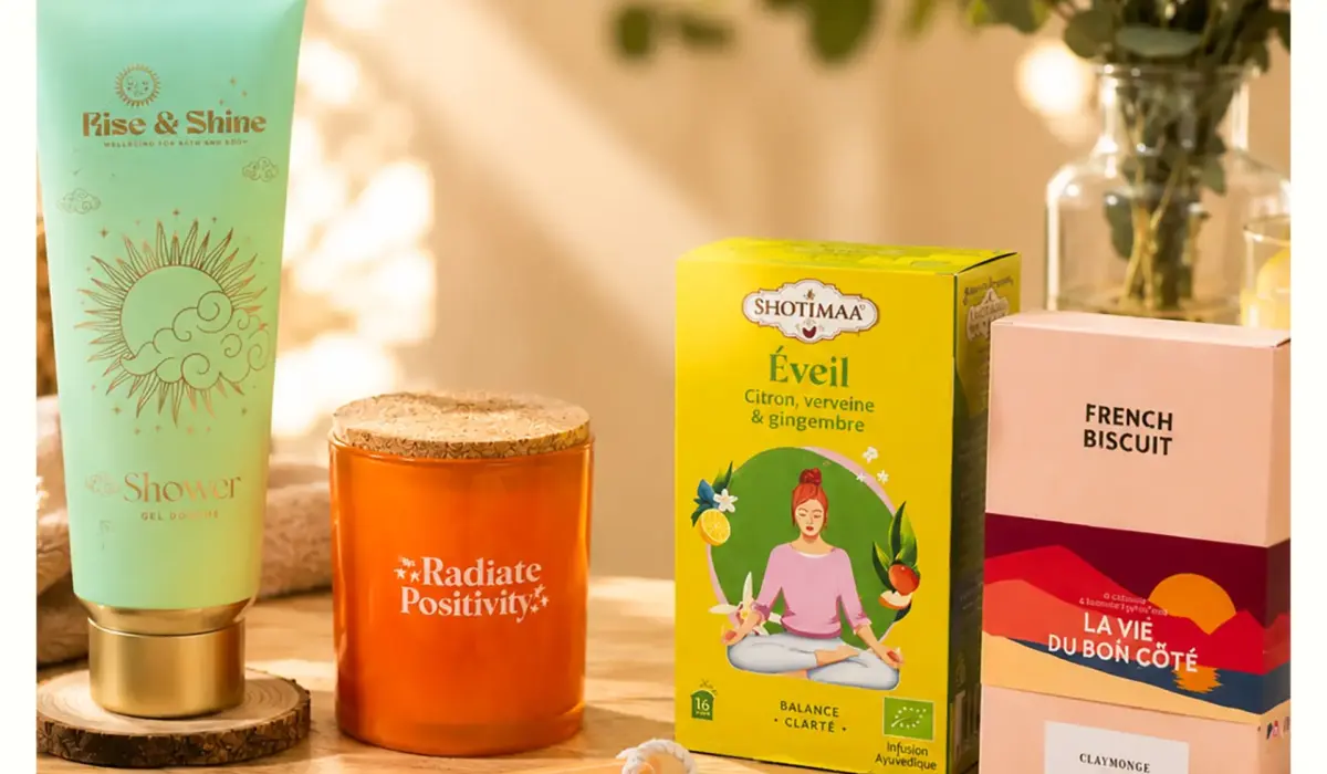 Box cadeau anniversaire femme énergie positive composée d'un gel douche Rise & Shine, d'une bougie parfumée, d'une infusion ayurvédique ShotiMaa et de biscuits French Biscuit.