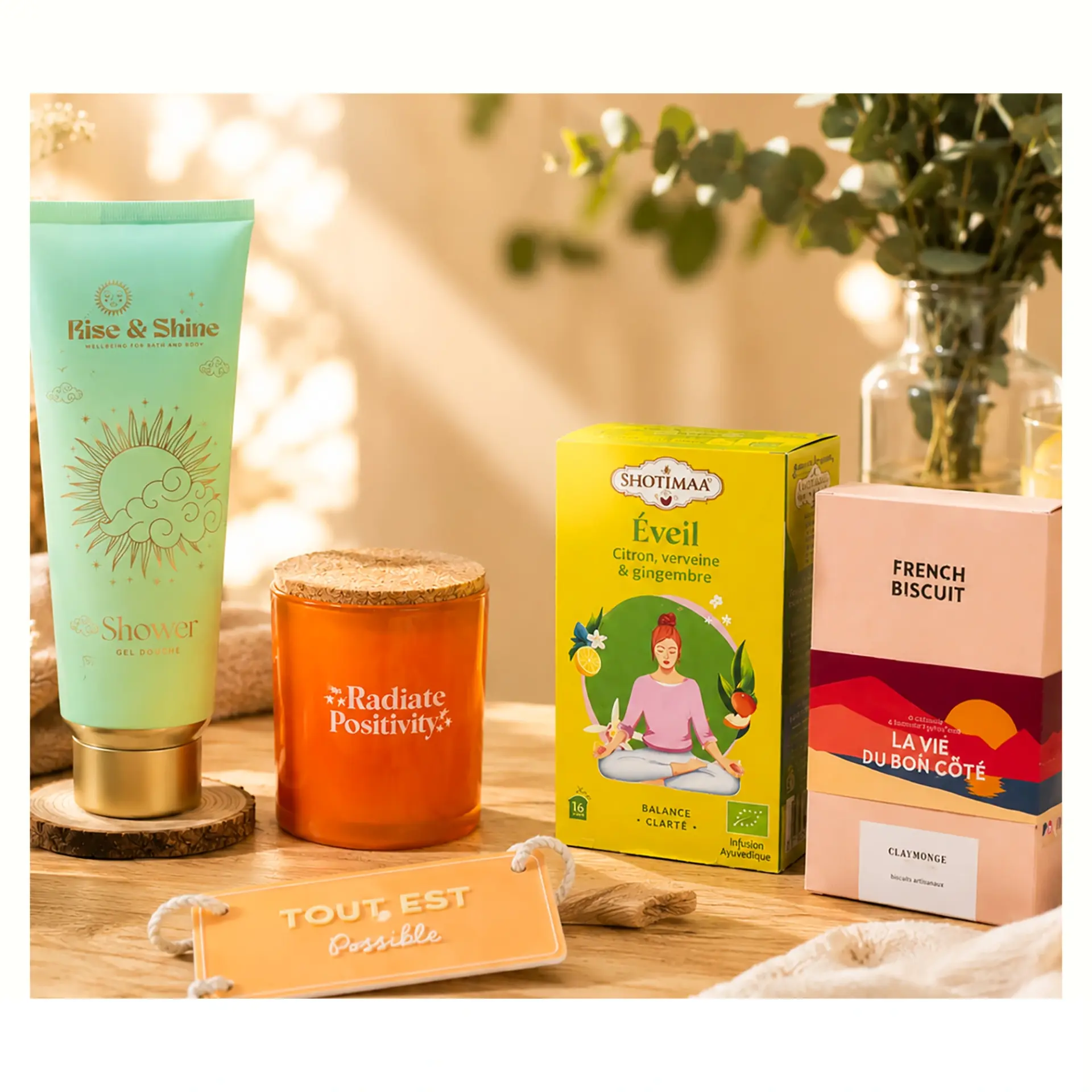 Box surprise anniversaire femme composée d'un gel douche Rise & Shine, d'une bougie parfumée, d'une infusion ayurvédique ShotiMaa et de biscuits French Biscuit.