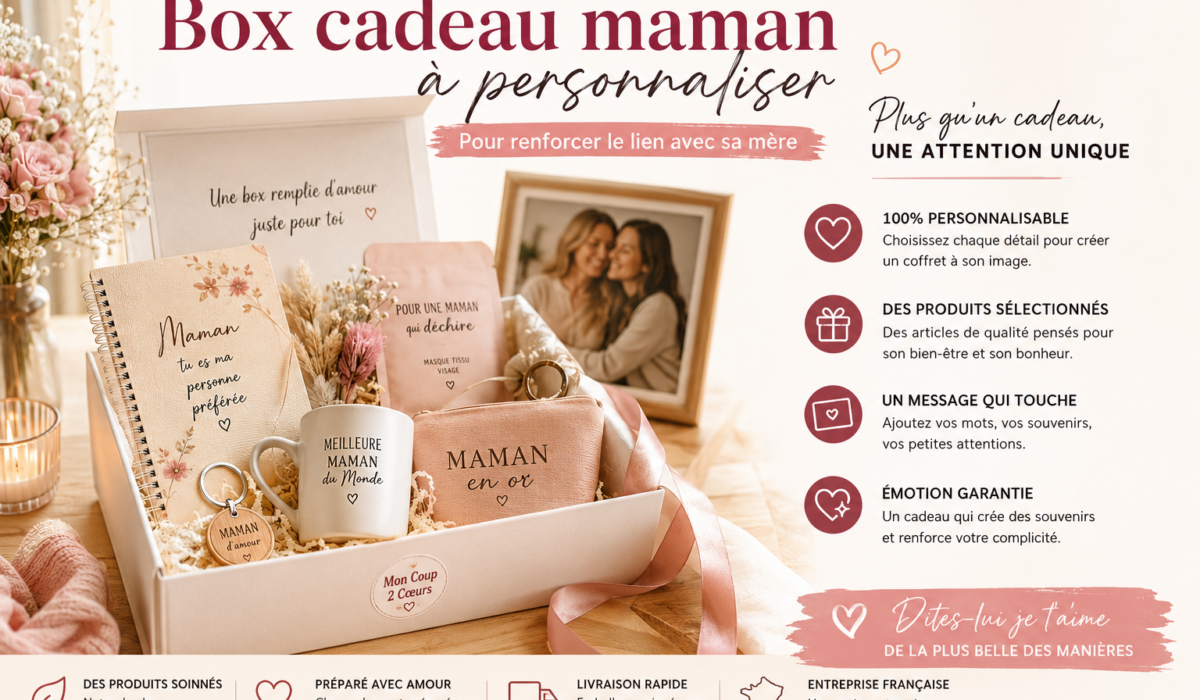 Box cadeau maman à personnaliser composée d’un carnet, d’une tasse, d’accessoires bien-être et de cadeaux personnalisés pour renforcer le lien avec sa mère.