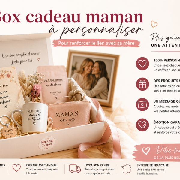Box cadeau maman à personnaliser composée d’un carnet, d’une tasse, d’accessoires bien-être et de cadeaux personnalisés pour renforcer le lien avec sa mère.