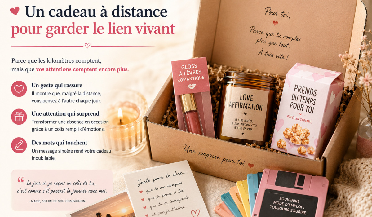 Box cadeau à distance envoyée avec bougie, gloss, gourmandise et message personnalisé pour surprendre un proche malgré les kilomètres.